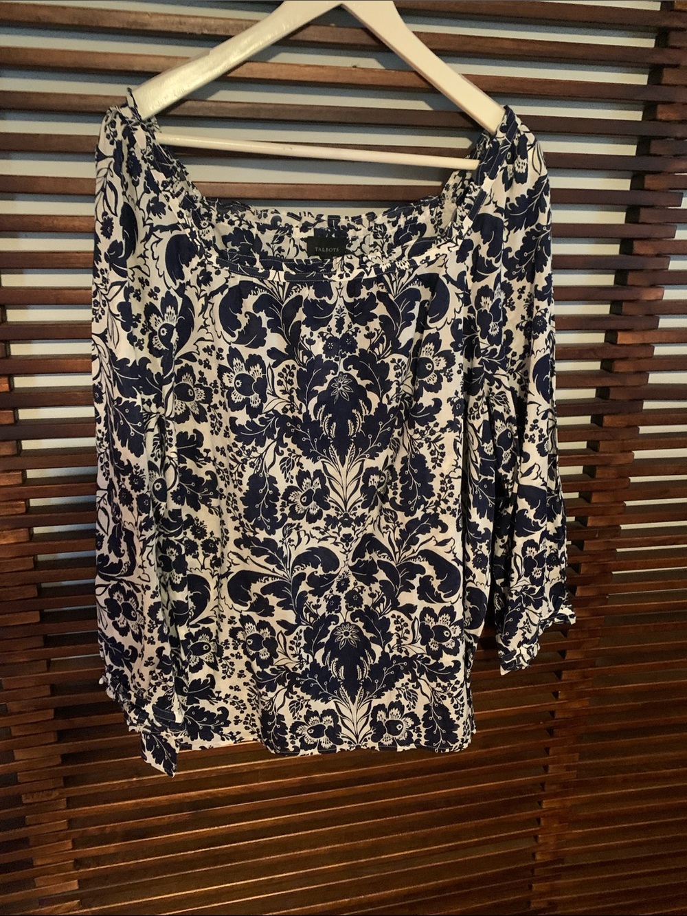 Talbots Navy and White Floral Peasant Blouse